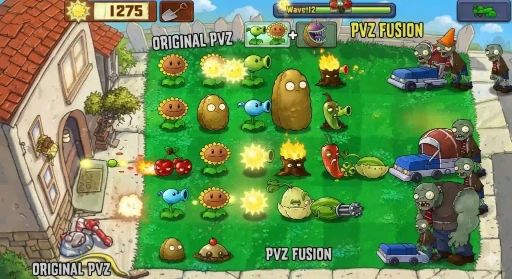 Original Plants vs Zombies vs PVZ Fusion comparison showing classic plants and zombies alongside fusion hybrid plants