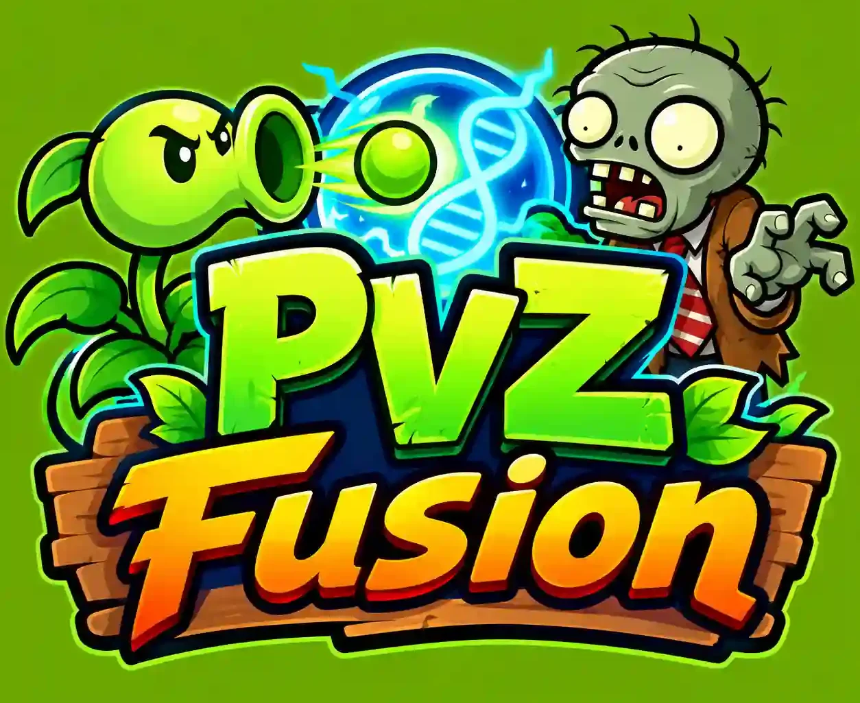 PVZ Fusion logo icon featuring a peashooter, zombie, fusion energy orb, leaves, and DNA symbol
