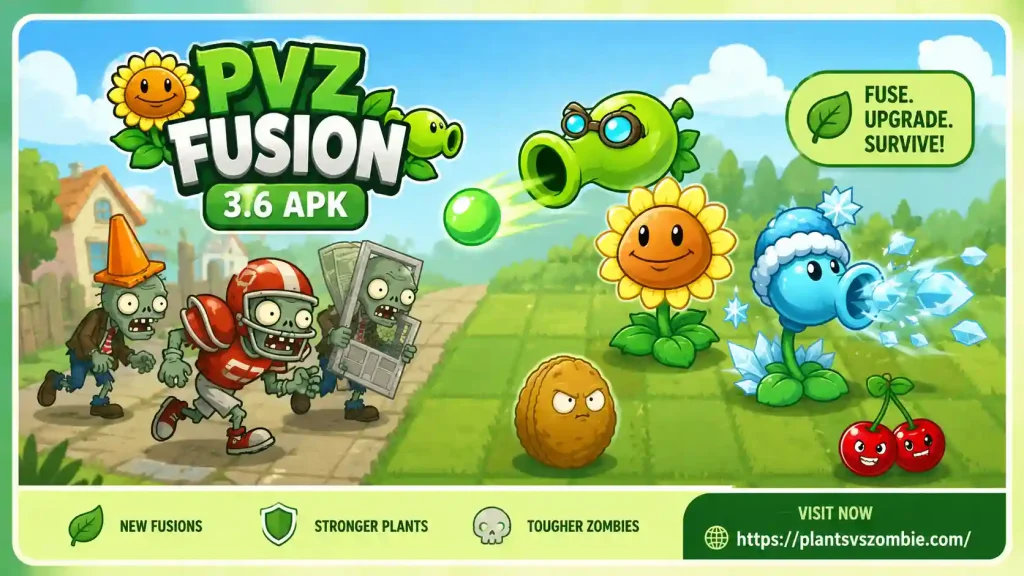 PVZ Fusion 3.6 APK banner featuring plants, zombies, fusion gameplay, and PlantsVsZombie.com.