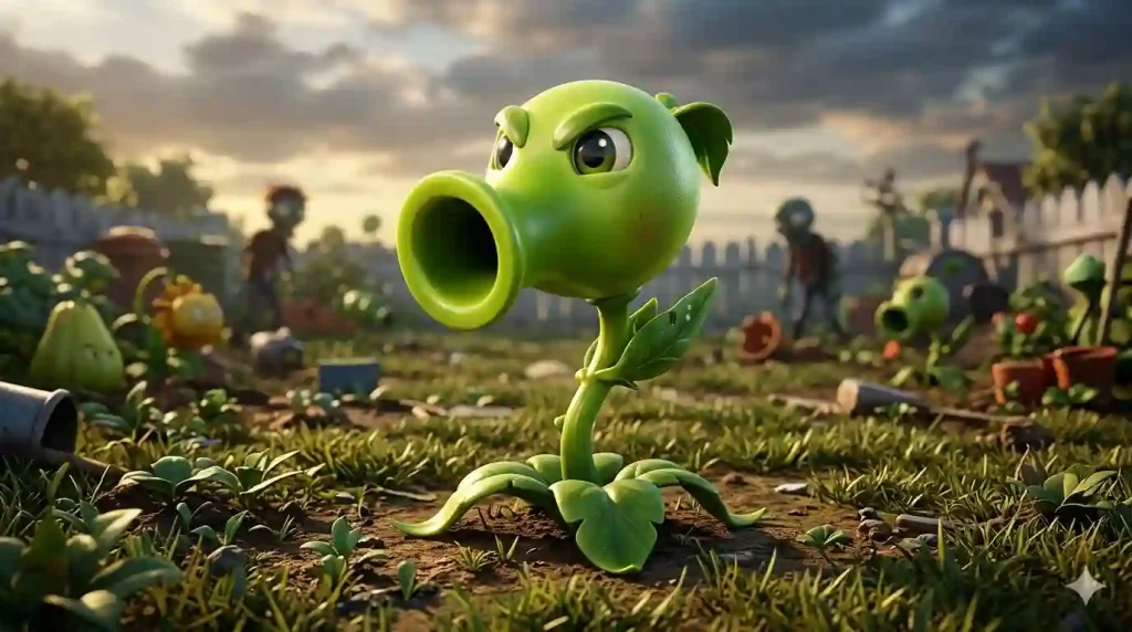 Battle-ready Peashooter on a garden battlefield
