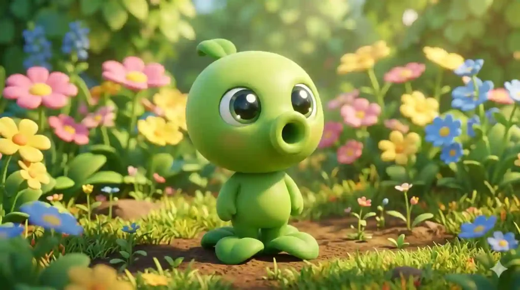Cute Peashooter standing in a colorful flower garden