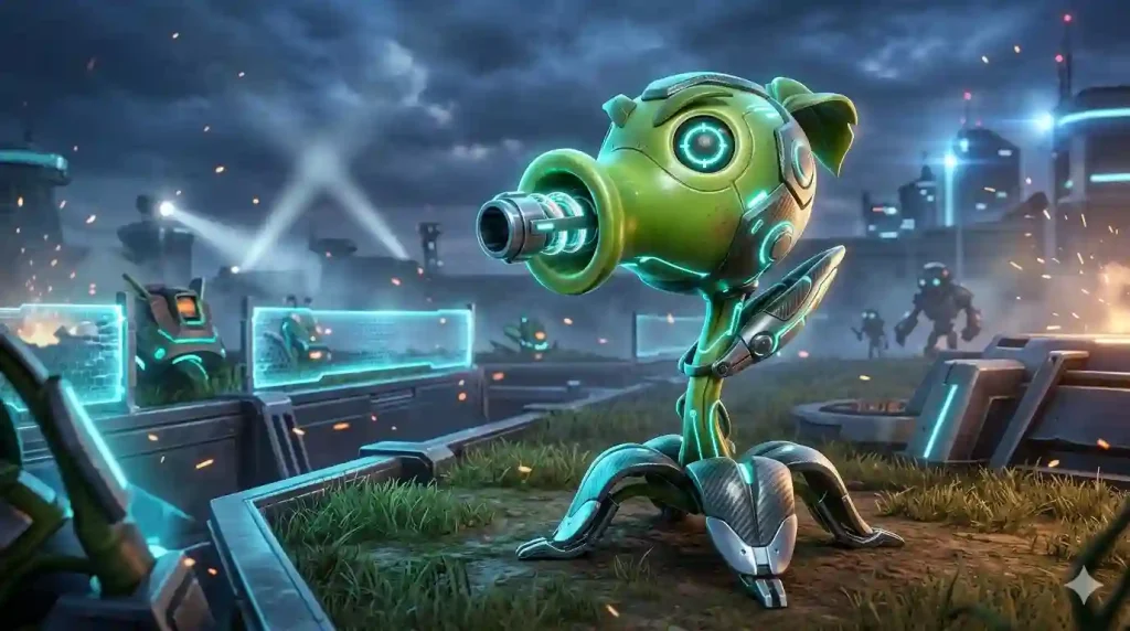 Futuristic Peashooter with high-tech plant armor