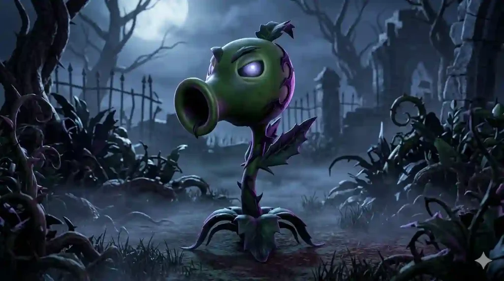 Goth Peashooter standing in a dark moonlit garden