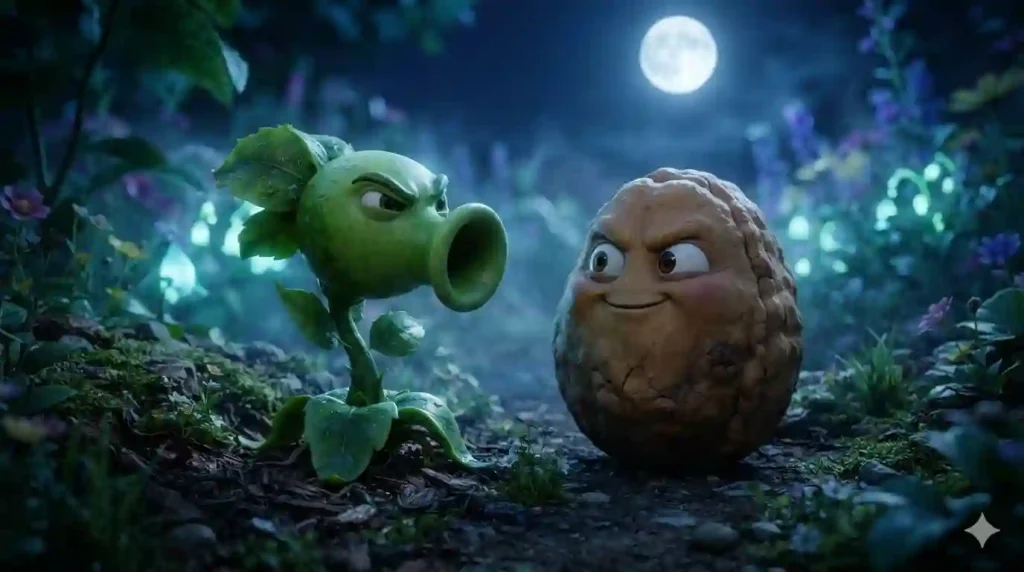 Peashooter and Wall-nut defending a garden at night