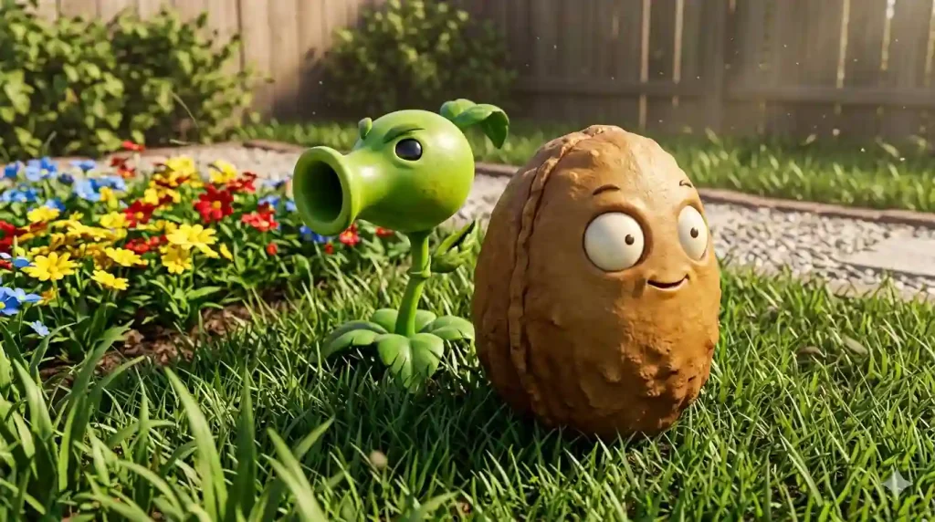 Peashooter and Wall-nut defending a garden together