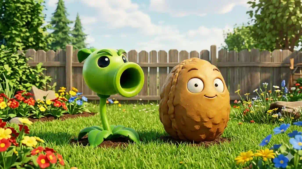 Peashooter and Wall-nut standing together in a garden