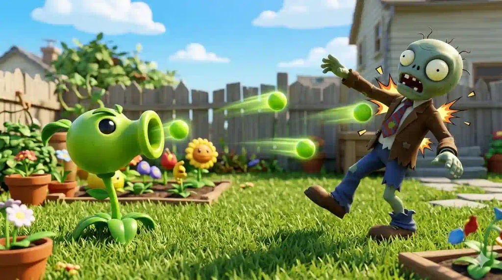 Peashooter attacking a zombie on a sunny garden lawn