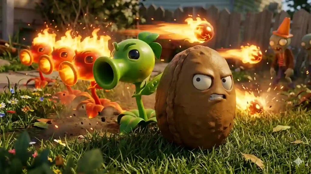 Peashooter behind Wall-nut in a fire flame behind