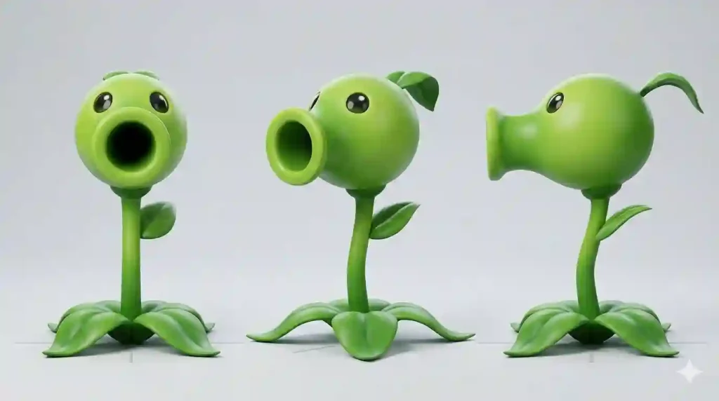 Peashooter character sheet showing front, side, and three-quarter