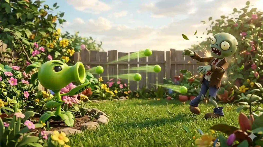 Peashooter defending a garden by attacking an approaching zombie