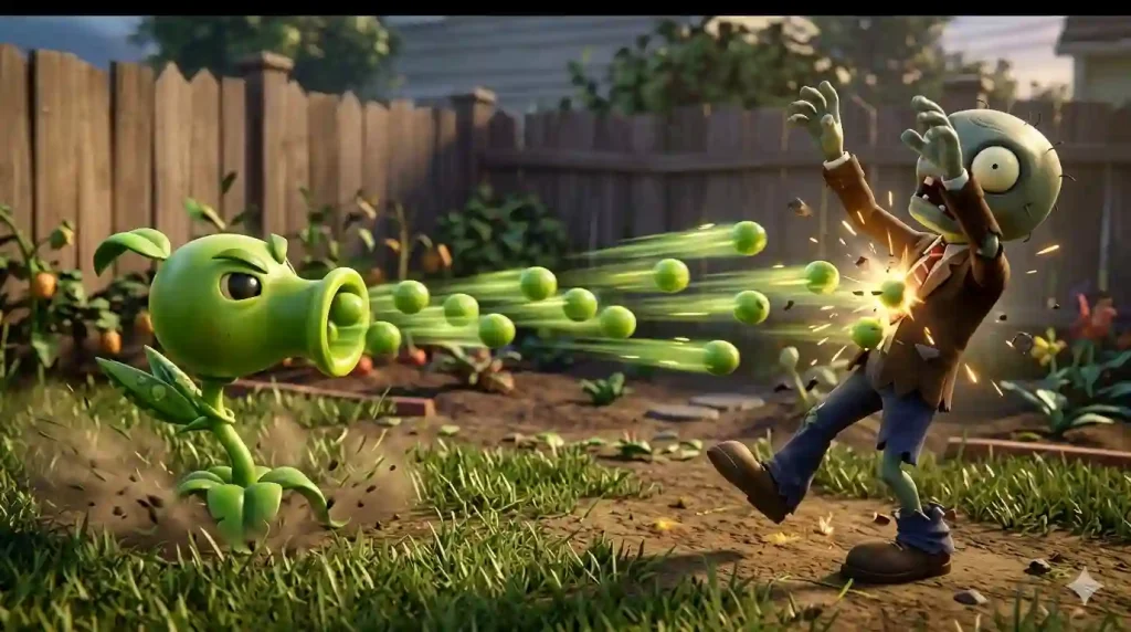 Peashooter firing multiple peas at a zombie