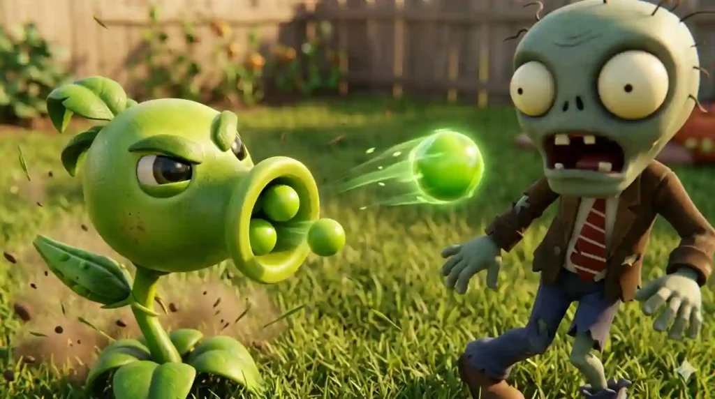 Peashooter firing peas at a nearby zombie