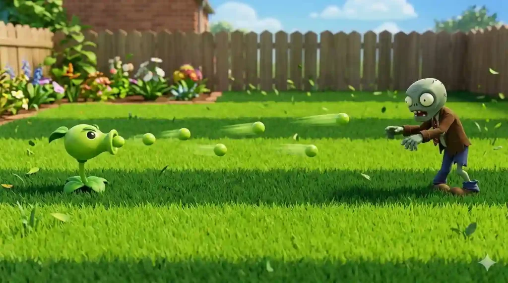 Peashooter firing peas at a zombie from the side