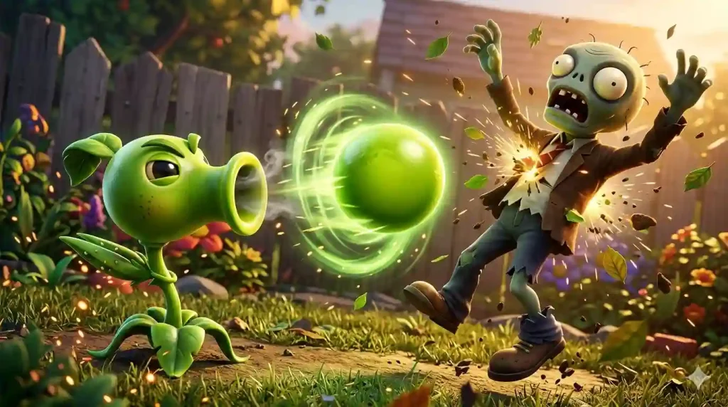 Peashooter launching a powerful pea attack at a zombie