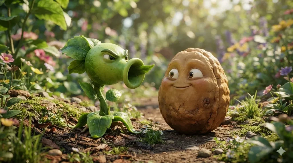 Close-up of Peashooter and Wall-nut characters